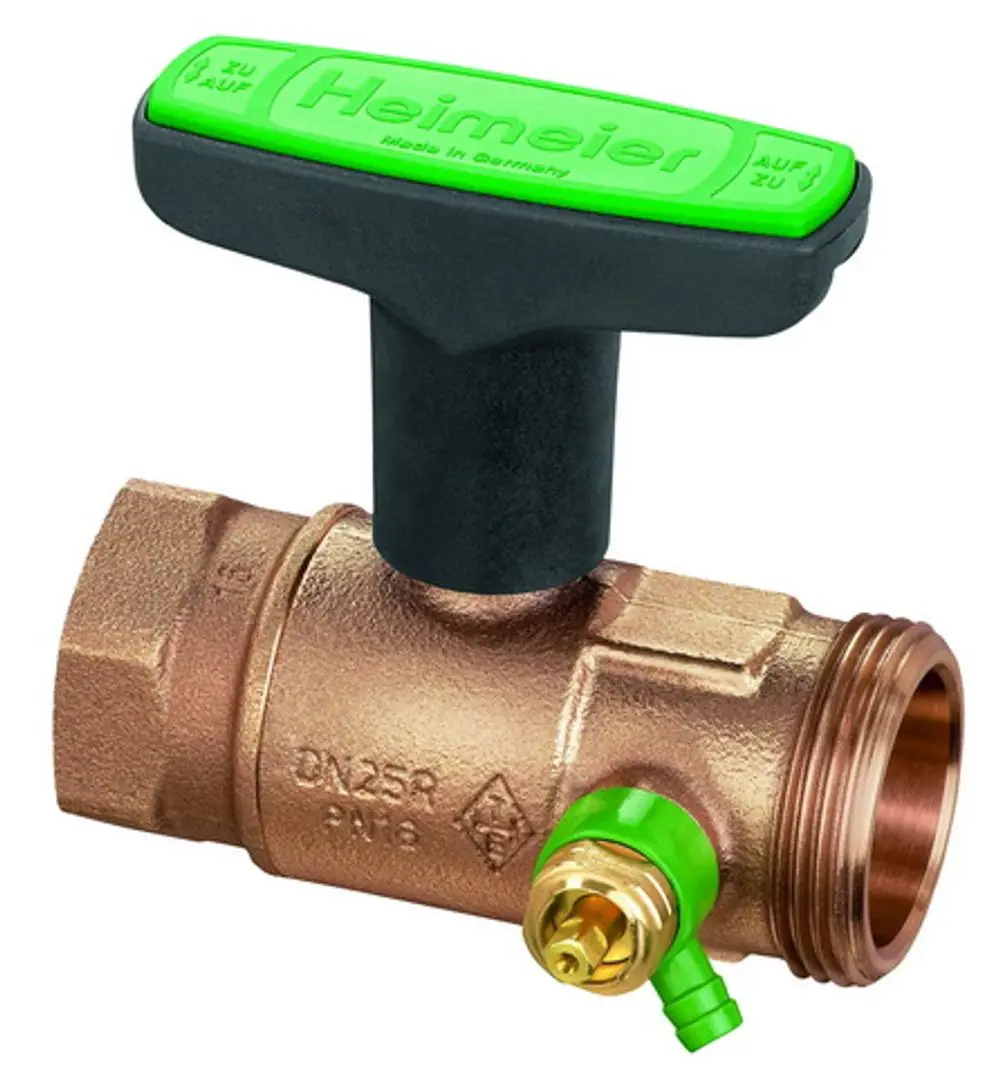 Kugelhahn aus Messing mit grünem Handgriff und Entleerungsauslass, hergestellt von IMI Hydronic Engineering. Geeignet für Innen- und Außengewinde.